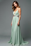 A Line Green V-Neck Pleated Long Wedding Guest Dress with Beading