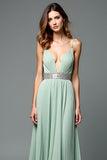 A Line Green V-Neck Pleated Long Wedding Guest Dress with Beading