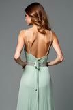 A Line Green V-Neck Pleated Long Wedding Guest Dress with Beading