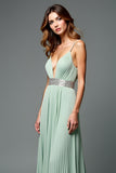 A Line Green V-Neck Pleated Long Wedding Guest Dress with Beading
