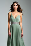 Dusty Sage Spaghetti Straps A Line Pleated Maxi Wedding Guest Dress