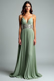 Grey Green A Line Pleated Long Wedding Guest Dress with Sequins