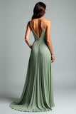 Grey Green A Line Pleated Long Wedding Guest Dress with Sequins