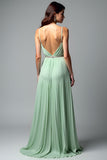Light Green V Neck Pleated A Line Long Wedding Guest Dress