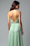 Light Green V Neck Pleated A Line Long Wedding Guest Dress
