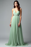 Light Green V Neck Pleated A Line Long Wedding Guest Dress