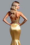 Mermaid Corset Sweetheart Appliqued Golden Prom Dress with Slit