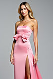 Hot Pink Strapless Sheath Bowknot Long Prom Dress with Slit