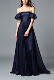 Navy A Line Strapless Pleated Formal Dress with Ruffles
