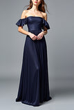Navy A Line Strapless Pleated Formal Dress with Ruffles