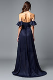 Navy A Line Strapless Pleated Formal Dress with Ruffles