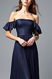 Navy A Line Strapless Pleated Formal Dress with Ruffles