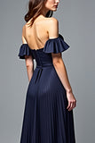 Navy A Line Strapless Pleated Formal Dress with Ruffles
