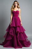 Dark Purple Spaghetti Straps A Line Ruffled Long Wedding Guest Dress