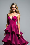 Dark Purple V-Neck Flowy Ruffles Tiered Formal Dress wih Slit