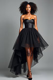 Black Strapless Corset A Line Tiered High Low Prom Dress