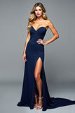 Eleagnt Navy Sweetheart Sheath Long Formal Dress with Slit