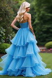 A Line Blue Sweetheart Tiered Long Ruffled Prom Dress with Slit