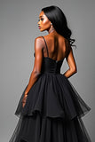Black A Line Spaghetti Straps Tiered High Low Ruffled Prom Dress