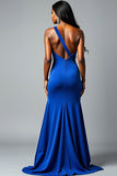 Sheath Sequined Royal Blue One Shoulder Long Prom Dress with Slit