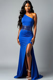 Sheath Sequined Royal Blue One Shoulder Long Prom Dress with Slit
