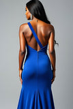 Sheath Sequined Royal Blue One Shoulder Long Prom Dress with Slit