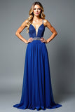 Glitter Royal Blue Spaghetti Straps A Line Backless Long Wedding Guest Dress