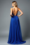 Glitter Royal Blue Spaghetti Straps A Line Backless Long Wedding Guest Dress