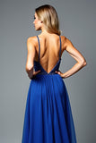 Glitter Royal Blue Spaghetti Straps A Line Backless Long Wedding Guest Dress