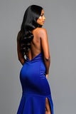 Glitter Royal Blue One Shoulder Sheath Long Prom Dress with Slit