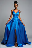 Royal Blue V-Neck Long Satin A Line Formal Dress with Slit