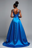 Royal Blue V-Neck Long Satin A Line Formal Dress with Slit