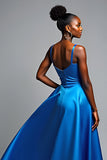 Royal Blue V-Neck Long Satin A Line Formal Dress with Slit