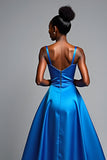 Royal Blue V-Neck Long Satin A Line Formal Dress with Slit