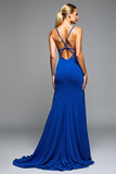 Sparkly Royal Blue A Line Long chiffon Formal Dress with Beading