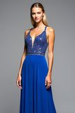 Sparkly Royal Blue A Line Long chiffon Formal Dress with Beading