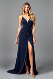 Navy V-Neck Long Ruched A Line Formal Dress with Slit