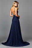 Navy V-Neck Long Ruched A Line Formal Dress with Slit