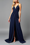 Navy V-Neck Long Ruched A Line Formal Dress with Slit