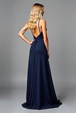 Navy V-Neck Long Ruched A Line Formal Dress with Slit