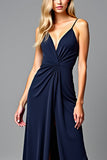 Navy V-Neck Long Ruched A Line Formal Dress with Slit