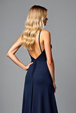 Navy V-Neck Long Ruched A Line Formal Dress with Slit