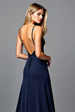 Navy V-Neck Long Ruched A Line Formal Dress with Slit