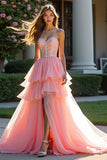 Princess Pink A Line Sweetheart Tiered Long Ruffled Prom Dress with Slit