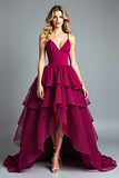 Burgundy Ball Gown Tiered Flowy Asymmetrical Chiffon Formal Dress