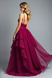 Burgundy Ball Gown Tiered Flowy Asymmetrical Chiffon Formal Dress