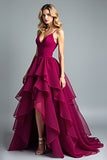 Burgundy Ball Gown Tiered Flowy Asymmetrical Chiffon Formal Dress