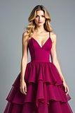 Burgundy Ball Gown Tiered Flowy Asymmetrical Chiffon Formal Dress