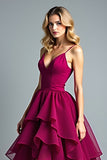 Burgundy Ball Gown Tiered Flowy Asymmetrical Chiffon Formal Dress