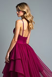 Burgundy Ball Gown Tiered Flowy Asymmetrical Chiffon Formal Dress